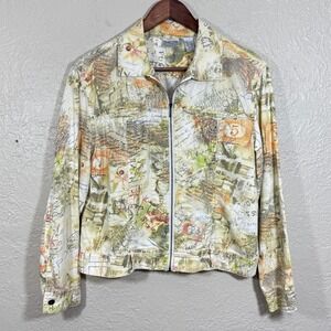 Vtg 90s Chicos Jacket Med Crop Linen Postcard‎ Stamp Artsy Travel Lagenlook Euro